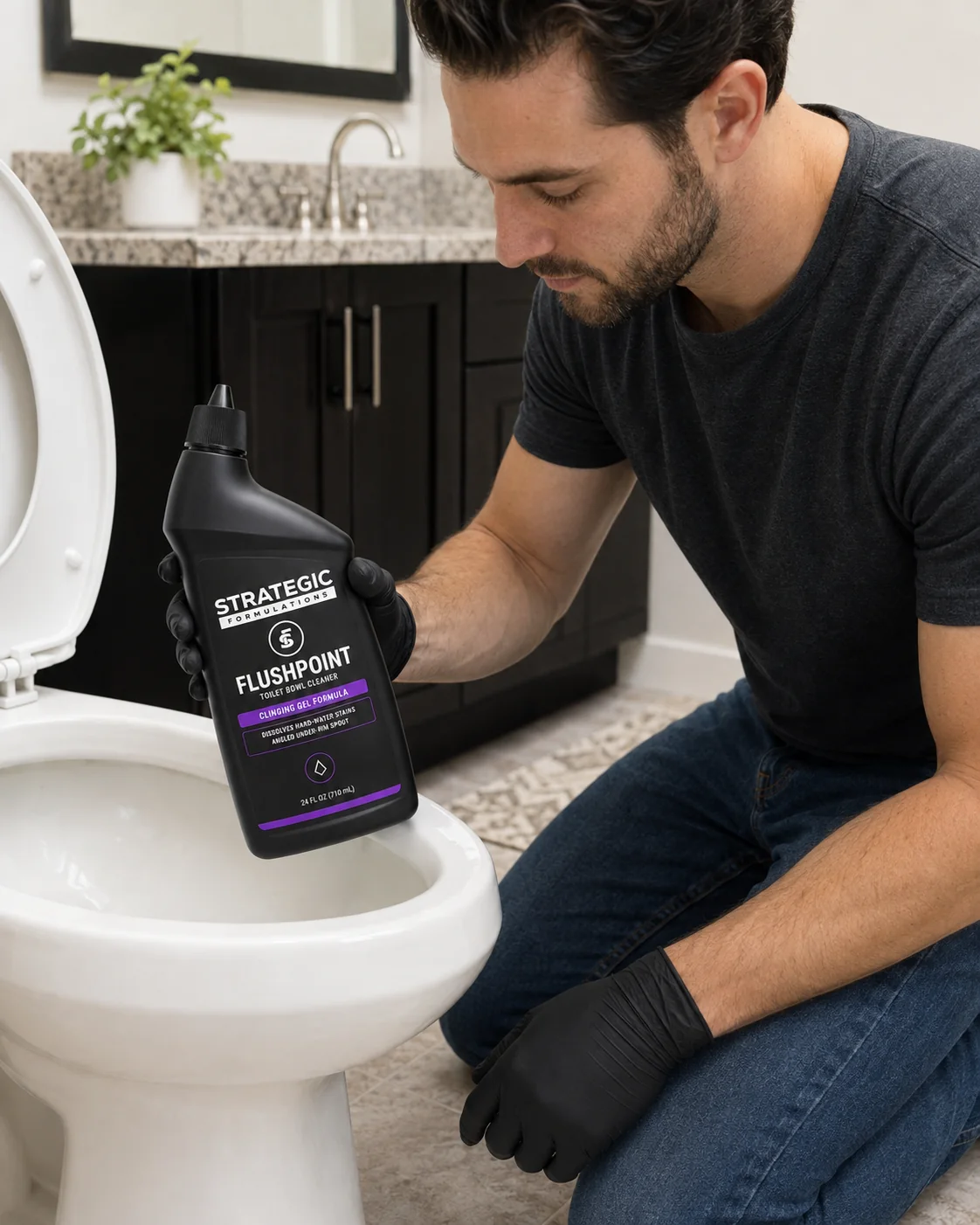 Applying FLUSHPOINT gel straight from the angled neck under the rim of a toilet