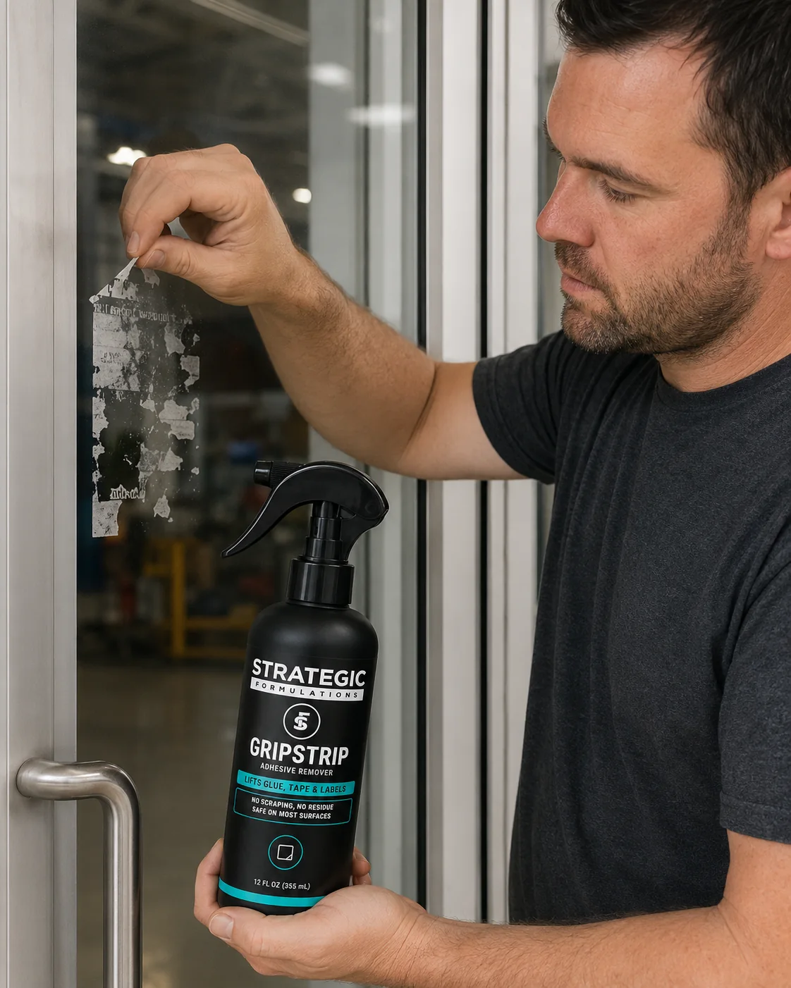 Checking adhesive residue lifting cleanly from a facility door after GRIPSTRIP